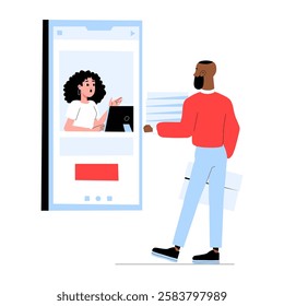 Virtual Bank Customer Service With Male Client Interacting Through Mobile App. Flat Vector Illustration Of Digital Support, Online Banking Assistance, Virtual Consultation, Isolated On White