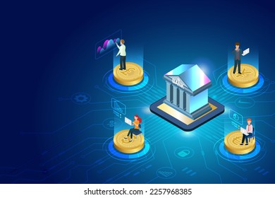 Virtual bank and digital finance investment service in futuristic background. Bank building with customer transactions on electronic board. 3D isometric vector.