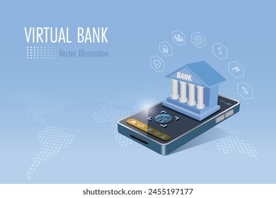 Virtual bank with secure network transaction. Bank building on smartphone with fingerprint scanning to access. Biometric security, financial technology. 3D vector created from graphic software.