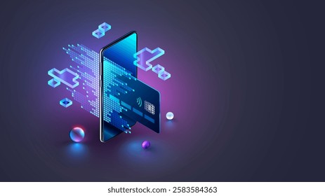 Virtual banking card. Isometric mobile phone, internet banking app, card. Online payment security transaction via credit card. Shopping wireless pay smartphone. Internet digital bank technology.