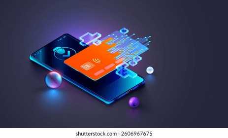 Virtual banking card. Isometric mobile phone, internet banking app, card. Online payment security transaction via credit card. Shopping wireless pay smartphone. Internet digital bank technology.