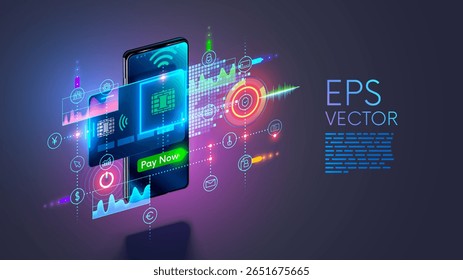 Virtual banking card. Isometric mobile phone, internet banking app, card. Online payment security transaction via credit card. Shopping wireless pay smartphone. Internet digital bank technology.
