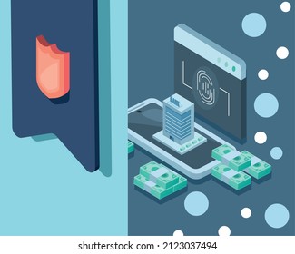 virtual banking and shield icons
