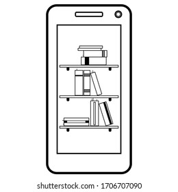 Biblioteca virtual. Libros en el estante en Smartphone. Ilustración vectorial en estilo plano, aislada en fondo blanco.