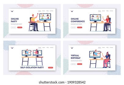 Virtual Birthday Home Party Landing Page Template Set. Characters Holding Wineglasses with Alcohol Celebrate Holiday Drinking Cocktail and Communicating Online. Cartoon People Vector Illustration