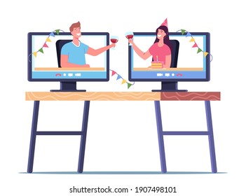 Virtual Birthday, Online Party, Home Festive Event. Friends Characters Clink Glasses with Alcohol from Computer Monitors, Celebrate Holiday, Drinking and Chat by Pc. Cartoon People Vector Illustration