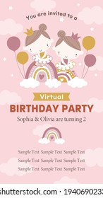 Virtual Birthday Party Invitation Template With Twin Little Princesses And Rainbows.