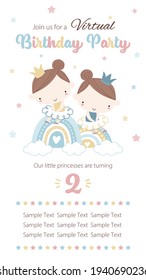 Virtual Birthday Party Invitation Template With Twin Little Princesses.