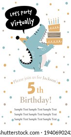 Virtual birthday party invitation template with cartoon crocodile and birthday cake.