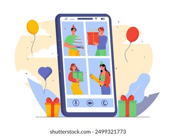 Cumpleaños virtual en el teléfono. Hombres con las cajas de regalo y la torta, mujer con la galleta en la pantalla del smartphone. Fiesta remota y vacaciones. Video Llamada en las redes sociales. Ilustración vectorial plana