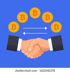 Virtual bitcoin deal handshake concept. Vector flat cartoon illustration