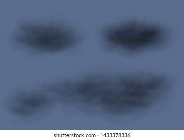 Virtual black cloud vectors isolated on dark blue background, Fluffy clouds that cause rain storms on the sky