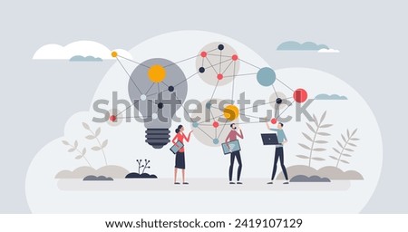 Virtual brainstorming and digital business teamwork tiny person concept. Online meeting and thinking creative ideas for company vector illustration. Use internet technology for distant communication.