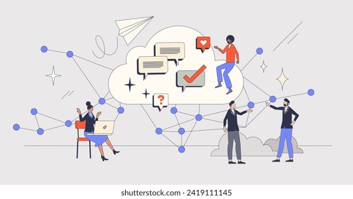 Lluvia de ideas virtual y concepto de persona diminuta de comunicación distante. Subir información para un acceso remoto sencillo para la ilustración vectorial de empleados de la empresa. Colaboración inteligente o trabajo en equipo en Internet