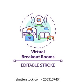 Virtual Breakout Rooms Concept Icon. VE Success Tip Idea Thin Line Illustration. Dividing Attendees Into Small Teams. Internet Meeting. Vector Isolated Outline RGB Color Drawing. Editable Stroke