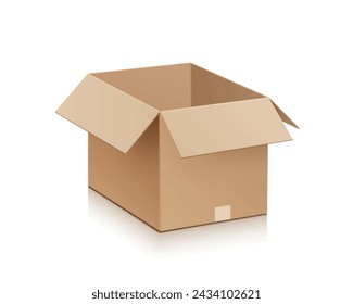 virtual brown cardboard box or parcel box is opened to reveal an empty interior lying on a white background, vector 3d illustration isolated for industry packs products into boxes, delivery concept