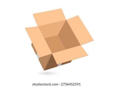 virtual brown cardboard box or parcel box is opened to reveal an empty interior lying on a white background, vector 3d illustration isolated for industry packs products into boxes, delivery concept