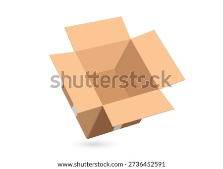 virtual brown cardboard box or parcel box is opened to reveal an empty interior lying on a white background, vector 3d illustration isolated for industry packs products into boxes, delivery concept