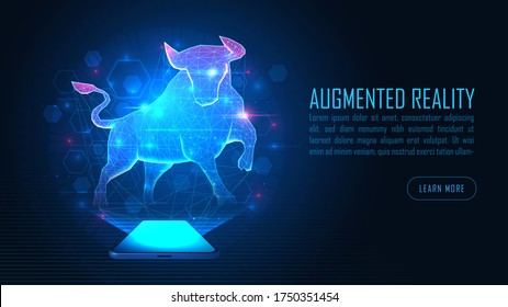 Virtual Bull Augmented Reality stand out from smartphone, Suitable for innovation technology development background cover or banner, Vector illustration