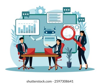 Virtual business assistant. Artificial intelligence tool for data analysis business concept. People using AI technology for charts and marketing strategy.  Flat vector modern illustration 
