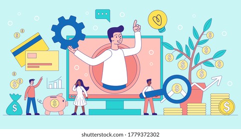 Virtual Business Assistant concept with a man on a laptop screen offering advice to diverse businesspeople with money optimising their profit, colored vector illustration