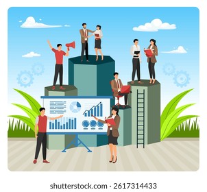 Virtual business assistant concept. teamwork on performance, brainstorming, card investment management. Flat vector modern illustration 