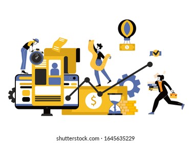 virtual business assistant. flat icon on computer is merged all accounts, money, cards investment management. graphic design business concept mobile assistant, mobile banking.Flat vector illustration