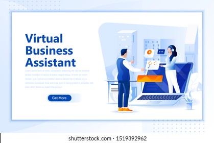 Virtual business assistant flat web page design template of homepage or header images decorated people for website and mobile website development. Flat landing page template. Vector illustration.
