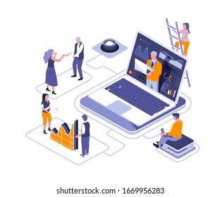 Virtual business assistant isometric landing page vector template. Professional consulting website homepage UI illustration layout. Digital assistance, AI technology web banner concept