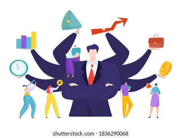 Virtual business assistant for people achievement concept, vector illustration. Advance analytics and balance. Man with many hands do corporate work for employee, career work process.