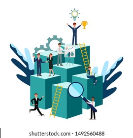 Virtual business assistant. teamwork on performance, brainstorming, card investment management. investing money in a project, Vector illustration.