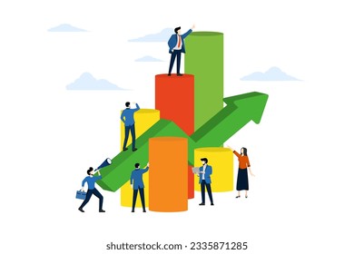 virtual business assistant. teamwork on performance, brainstorming, card investment management. graph increases. sales increase chart. invest money in project Vector, flat vector illustration.