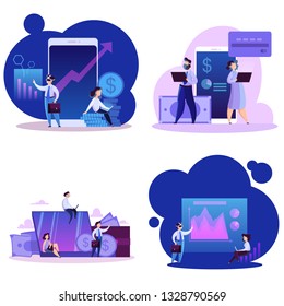 Virtual business concept set. Modern technology and internet. Online communication and remote management. Isolated vector illustration in cartoon style