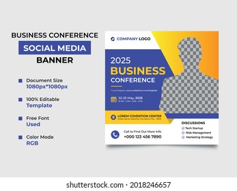 virtual business conference social media post, this template can be used as web banner. An image can place in the design, professional eye-catchy color used. Vector square, eps 10 version, organized.