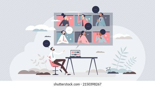 Virtual business event and video call connection for team tiny person concept. Distant company employees meeting and discussion as smart online solution for remote communication vector illustration.