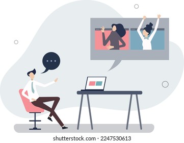 Virtual business event and video call connection for team .Distant company employees meeting and discussion as smart online solution for remote communication
