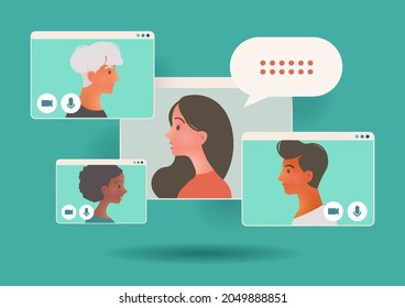 Virtual business group meeting and via video call application. Freelance work, online communication and telecommuting concept vector illustration