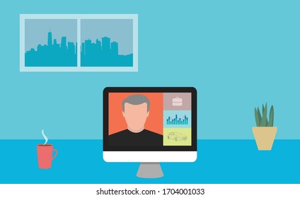 Virtual Business Meeting. Computer With Video Conference On Th Screen. Coworker Making Work Presentation From Home