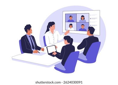 Virtual Business Meeting with Hybrid Team. Online and In-Person Collaboration Illustration. Illustration for websites, landing pages, mobile apps, posters and banners