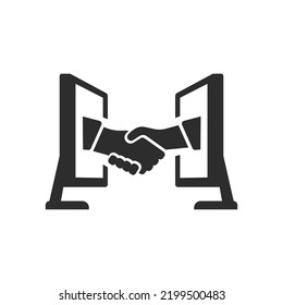 Virtual Business Meeting Icon. Handshake Through The Monitor. Monochrome Black And White Symbol