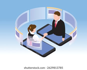 reunião de negócios virtual onde um homem e uma mulher parecem estar apertando as mãos através de suas telas de smartphones ilustração vetor 3d isométrica