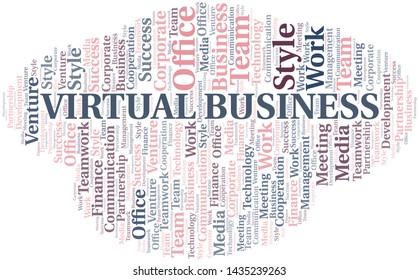 Virtual Business word cloud. Collage made with text only.