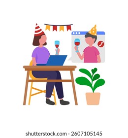 Virtual Celebration with Digital Friends Flat Vector Illustration