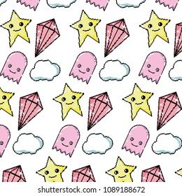 virtual characters with cloud and diamond background