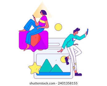 Virtual characters social communication concept business flat vector hand drawn illustration
