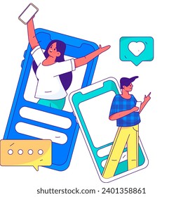 Virtual characters social communication concept business flat vector hand drawn illustration
