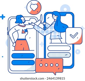 Virtual characters social communication concept business flat vector hand drawn illustration
