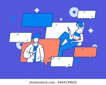 Virtual characters social communication concept business flat vector hand drawn illustration
