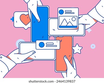 Virtual characters social communication concept business flat vector hand drawn illustration
