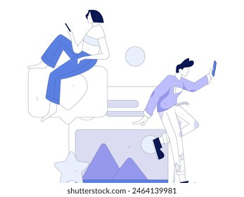 Virtual characters social communication concept business flat vector hand drawn illustration
